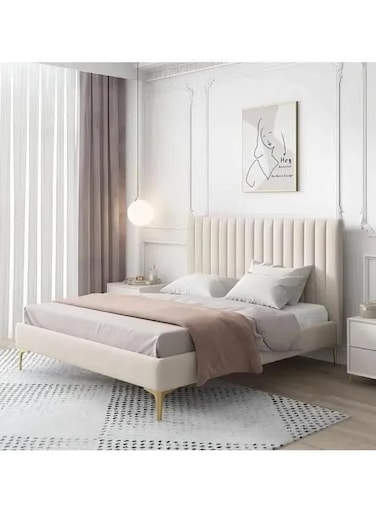 Wooden Twist Concoct Modernize Velvet Upholstery Bed for Luxury Bedroom Contemporary, Stylish, and Elegant - Queen / Beige