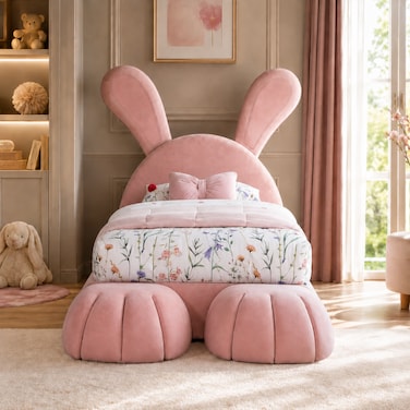 Wooden Twist Doze Elegant Rabbit Shaped Bunny Bed for Modern Whimsical Bedroom for Kids &amp; Adults In Soft Fabric - Super king ( 200 x 200 cm )