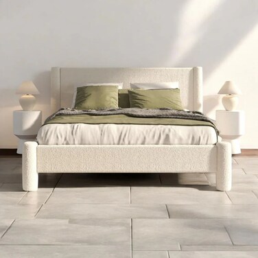 Wooden Twist Wexune Elegant Modern Soft Boucle Fabric Rectangular Bed for Living Room &amp; Bedroom - Queen