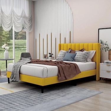 Wooden Twist Modern Rectangular Velvet Upholstery Bed with Soft Wingback Headboard ( Yellow ) - Super King (200 x 200cm)