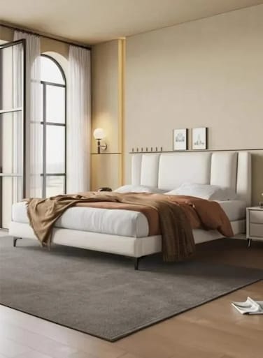 Wooden Twist Italian Minimalism Modernize Leatherette Upholstery Bed for Luxury Bedroom - King / Beige