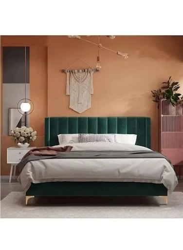 Wooden Twist Greenish Modernize Velvet Upholstery Bed for Luxury Bedroom - Queen / Green