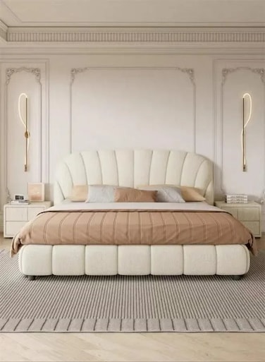 Wooden Twist Grandeur Modernize Boucle Upholstery Bed for Luxury Bedroom - King / Beige