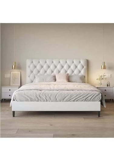 Wooden Twist Obvious Button Tufted Modernize Velvet Upholstery Bed for Luxury Bedroom - King / Beige