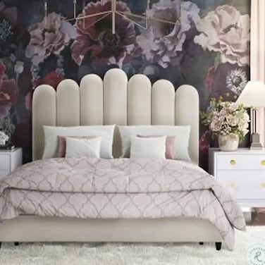 Wooden Twist Keline Velvet Upholstery Rectangular Bed ( Cream ) - Super King / Cream