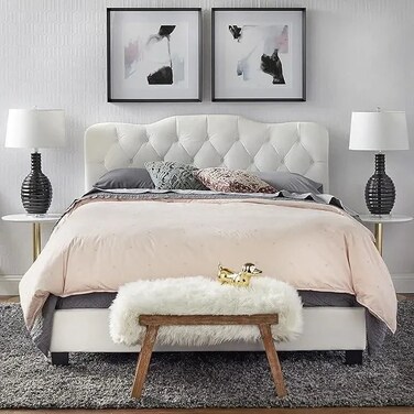 Wooden Twist Tessa Velvet Upholstery Rectangular Bed - King / White