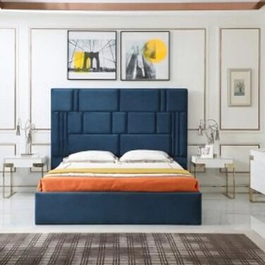 Wooden Twist Odrest Adonis Velvet Upholstery Rectangular Bed ( Blue ) - Queen / Blue