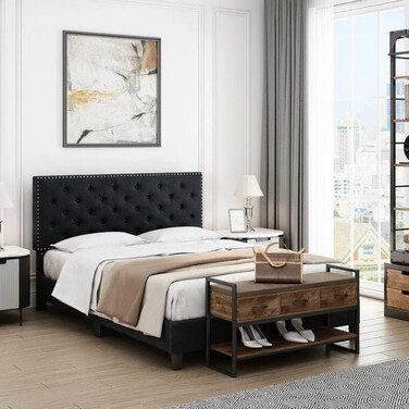 Wooden Twist Modern Upholstered Platform Queen Size Bed - Black