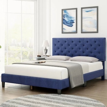 Wooden Twist Modern Upholstered Platform Queen Size Bed ( Blue ) - Blue