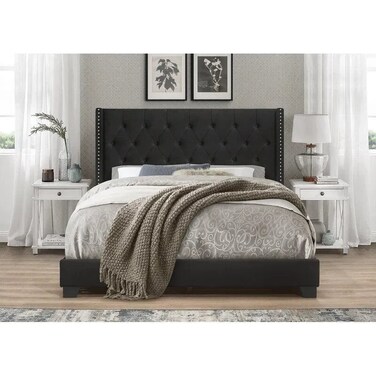 Wooden Twist Modern Black Velvet Standard Queen Size Bed - Black