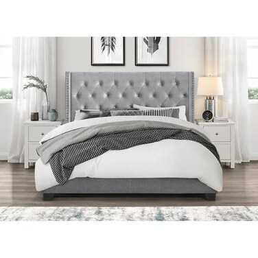 Wooden Twist Modern Silver Grey Velvet Standard Queen Size Bed - Grey