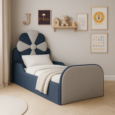 Wooden Twist Blue &amp; Grey Kids Flower Bed Modern Bed with Safety Sides In Soft Fabric - 190 x 120 cm