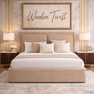 Wooden Twist Aurelia Luxury Beige Velvet Upholstered Bed with Tall Headboard Modern Designer Bed - Queen (160 x 200 cm)