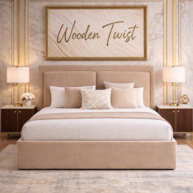 Wooden Twist Aurelia Luxury Beige Velvet Upholstered Bed with Tall Headboard Modern Designer Bed - King (180 x 200 cm)