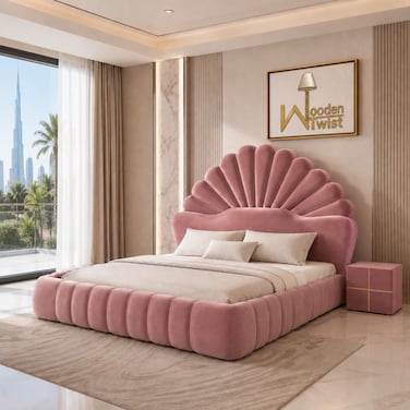 Wooden Twist Amara Shell Luxe Pink Velvet Upholstered Bed with Scallop Headboard Design - King (180 x 200cm) with 2 Bedside Table