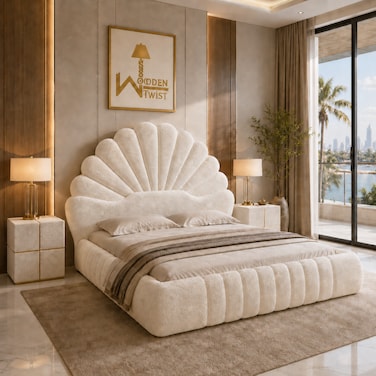 Wooden Twist Amara Shell Luxe Off White Boucle Upholstered Bed with Scallop Headboard Design - Queen (160 x 200cm)