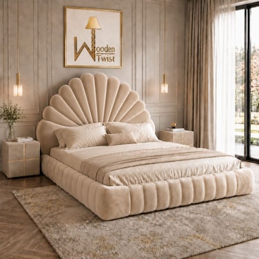 Wooden Twist Amara Shell Luxe Beige Velvet Upholstered Bed with Scallop Headboard Design - Queen (160 x 200cm) with 2 Bedside Table
