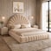 Wooden Twist Amara Shell Luxe Beige Velvet Upholstered Bed with Scallop Headboard Design - Queen (160 x 200cm) with 2 Bedside Table