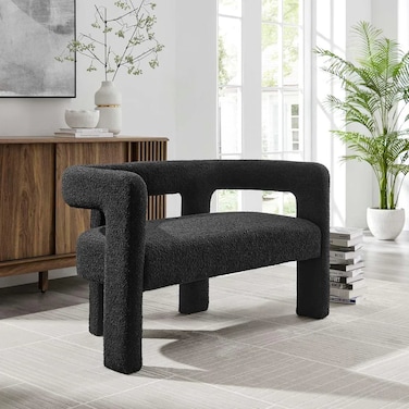 Wooden Twist Effie Entryway Curved Soft Boucle Modern Loveseat Bench - Black
