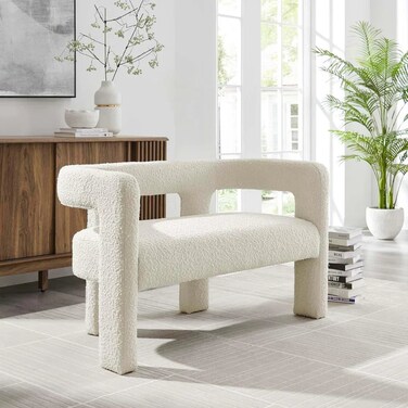 Wooden Twist Effie Entryway Curved Soft Boucle Modern Loveseat Bench - Ivory