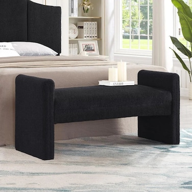 Wooden Twist Soft Hropzy Boucle Upholstered Armrest Entryway Ottoman Bench - Black
