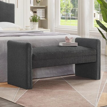 Wooden Twist Soft Hropzy Boucle Upholstered Armrest Entryway Ottoman Bench - Dark Grey