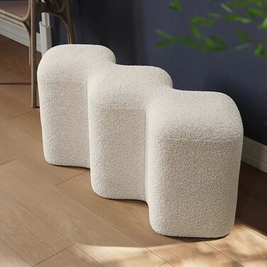 Wooden Twist Molecule Entryway Boucle Upholstered Ottoman Bench - White