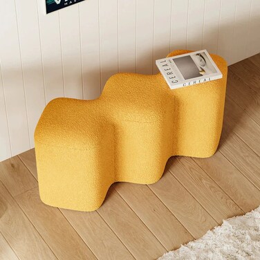 Wooden Twist Molecule Entryway Boucle Upholstered Ottoman Bench - Yellow