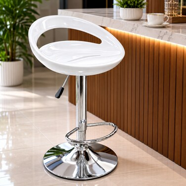 Wooden Twist Modern Adjustable Height Bar Stool with Glossy Polypropylene Crescent Seat &amp; Chrome Base - White