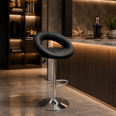 Wooden Twist Luxury Adjustable Height Bar Stool with Curved Wraparound PU Leather Backrest &amp; Chrome Base - Black