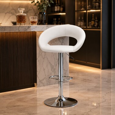 Wooden Twist Luxury Adjustable Height Bar Stool with Curved Wraparound PU Leather Backrest &amp; Chrome Base - White