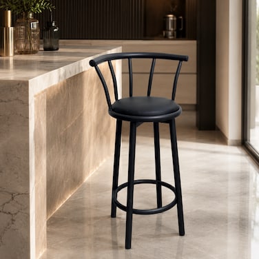 Wooden Twist Modern Black Metal Bar Chair with PU Leather Padded Seat &amp; Ergonomic Curved Backrest - Black