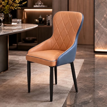 Wooden Twist Dual-Tone Diamond Quilted PU Leather Dining Chair with Ergonomic Curved Backrest - Tan &amp; Blue