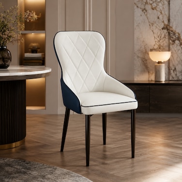 Wooden Twist Dual-Tone Diamond Quilted PU Leather Dining Chair with Ergonomic Curved Backrest - White &amp; Navy Blue