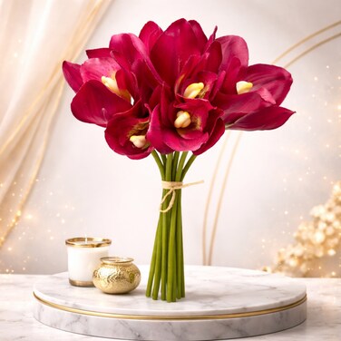 Artificial Magenta Orchid Flower Bunch - Luxury Decorative Cymbidium Flowers for Dining Table, Vase &amp; Home Decor, 1 Bunch