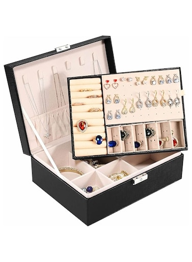 RKINC Jewelry Organizer,Leather Jewelry Box with Lock,Portable Jewelry Box Storage Box,Multifunctional Box for Storing Jewelry Rings, Earrings, Bracelets, Necklaces and Watch (Black)