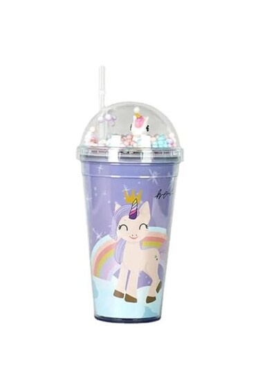 BPA-free unicorn water bottle with 3D lid, straw, and bubbles. Fun double wall cup for all ages!