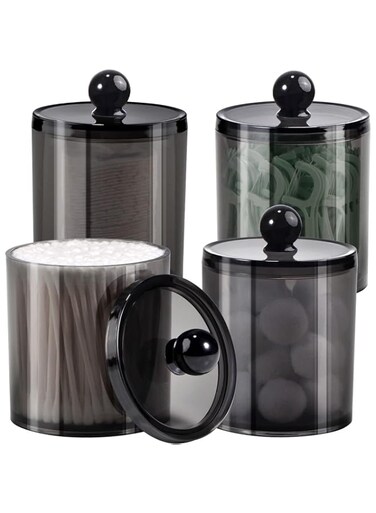 SheeChung 4 Pack Plastic Acrylic Bathroom Vanity Countertop Canister Jars with Storage Lid, Apothecary Jars Qtip Holder Makeup Organizer for Cotton Balls,Swabs,Pads,Bath Salts (Black)