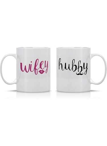 Wifey and Hubby Funny Couple Coffee Mugs Set Wedding Anniversary Valentine's Day Gifts for His Her presents Bridal Shower Vr Husband and Wife Newlywed Novelty Ceramic Cups 11 Ounce White 11Oz