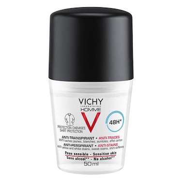 Vichy Homme 48 Hour Anti-Perspirant, Anti-Stain Alcohol Free Deodorant Roll On 50ml