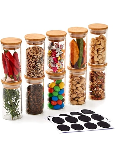 EZOWARE Set of 10 Glass Spice Jars Set, 200ml Airtight Clear Decorative Herbs Storage Bottles with Natural Bamboo Lids and Chalkboard Labels