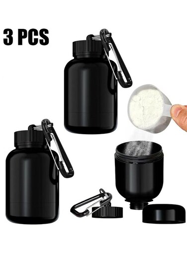 Love 3 Pcs Protein Powder Container, Protein Powder Travel Container, Protein Powder Container to Go, Pre Workout/Gym Supplemen Keychain (Black, 100ml)