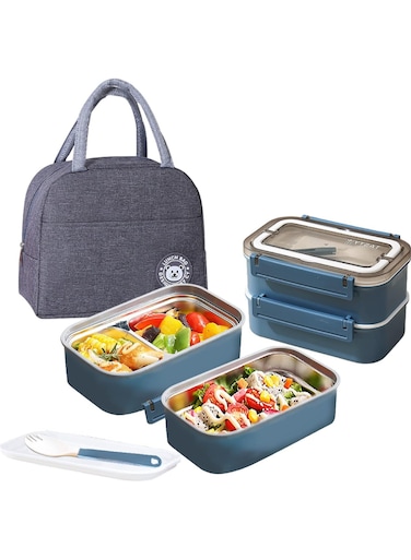 Pow Stainless Steel Lunch Box - Insulated Bento Box Multifunctional Containers Food Containers with 2 Compartments,Tableware, Nylon insulation bag (1.6L Blue)