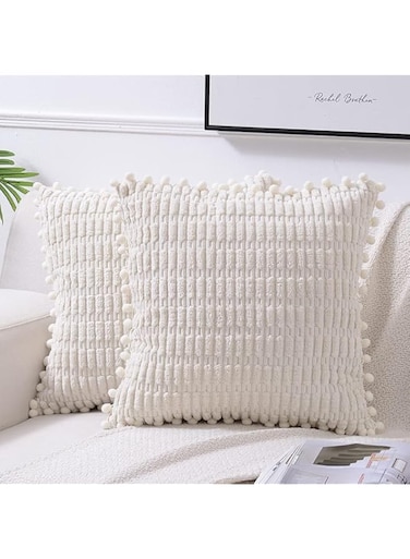 HomeChi 2 Packs Decorative Throw Pillow Covers - 45x45 CM Outdoor Cushion Cases with Pom-poms - Boho Home Decor - Square Striped Corduroy Pillowcase for Couch Sofa Bed Bedroom Living Room (Off-white)