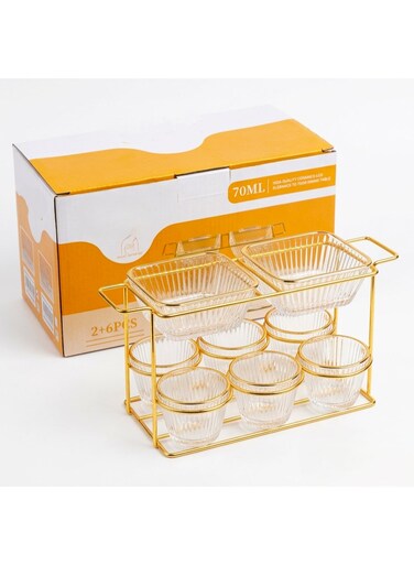 Premium 8-Piece Glass Cawa Cups and Snack Serving Set &acirc;&euro;&ldquo; 70ml Ribbed Glass Kahwa Cups (Set of 6) with 2 Square Candy Bowls and Elegant Gold-Finished Tiered Metal Display Stand &acirc;&euro;&ldquo; Premium Arabic Gahwa Coffee &amp; Dates Server for Home, Parties, and Majlis