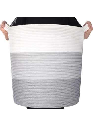 Cotton Rope Basket &amp; Woven Baskets for Storage,Cotton Rope Laundry Hamper,Woven Collapsible Clothes Hamper for Storage Blankets, Laundry Room Organizing &amp; Bedroom Storage,Big Round Basket