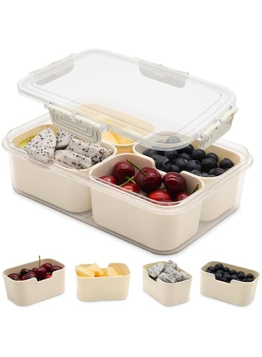 Tazweeq Divided Food Storage Containers, 4 Compartment Divided Serving Tray With Lid, Relish Tray, Vegetable Trays, Fruit Platters, Snack Boxes, Transparent Compartmentalized Snack Containers