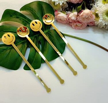 Yuxuanish Set of 20 Smiley Face Swizzle Sticks - Gold Mirror Acrylic Drink Stirrers for Parties