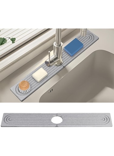 SVNXI Faucet Mat for Kitchen Sink, Long Size Diatomite Fast Drying Stone Sink Tray, Super Absorbent, Prevents Moisture Buildup, Faucet Splash Guard for Bathroom Counter (Grey, 40 x 10cm/15.5" x 3.9")