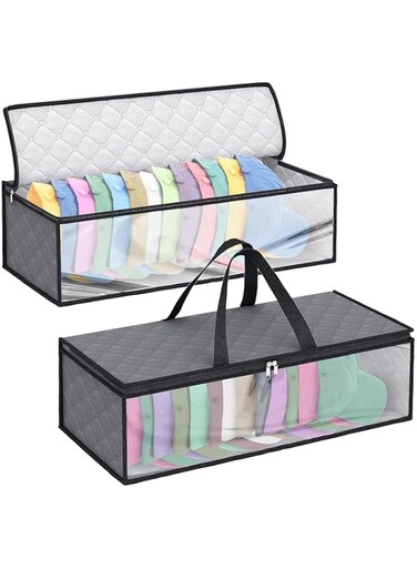 BIGTHREE Baseball Cap Storage Bag, 2 Pcs Foldable Hat Organiser Hat Boxes, Large Capacity Hat Organizer with Carrying Handle, Double Zipper Portable Cap Storage Bag for Home Travel